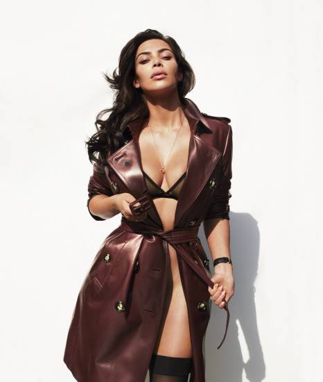 Kim kardashian in leather coat and sexy underwear