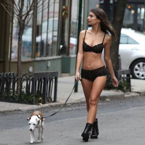 Emily Ratajkowski walking a dog in underwear