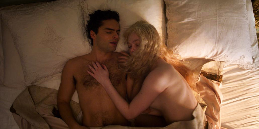 Here is Elle Fanning seen from the side while lying in bed having sex with ...