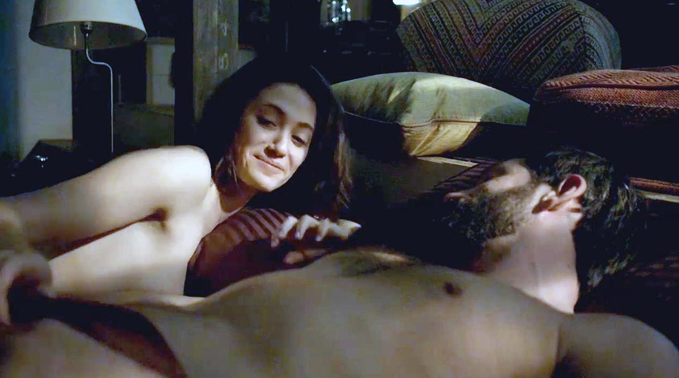 Emmy Rossum revealing naked breasts with a man in the sex scene