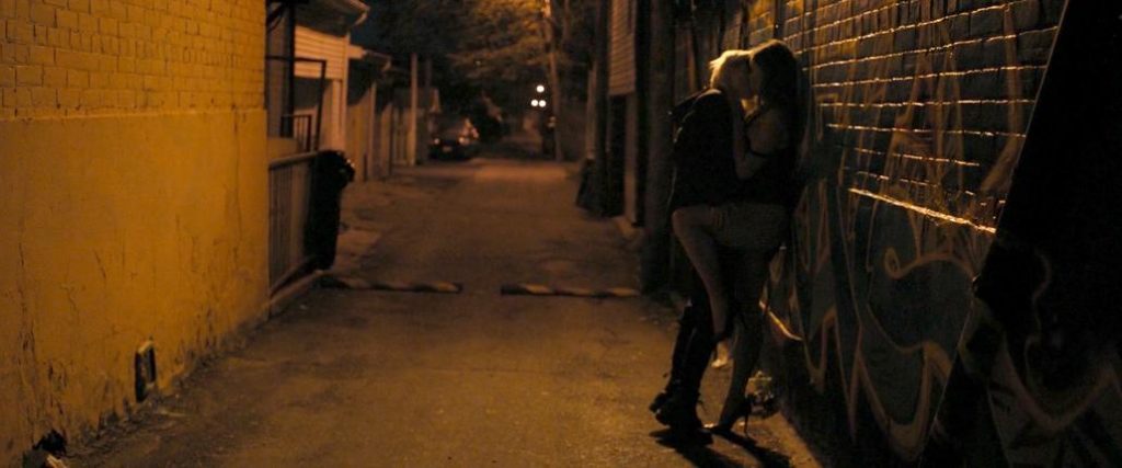 Natalie Krill & Erika Linder clothed sex scene in public from Below Her Mouth